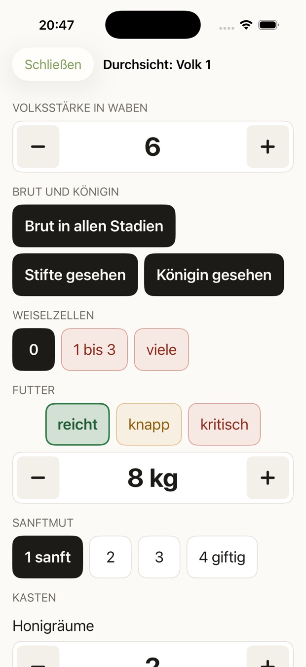 Durchsichts-Maske: Volksstärke 6 Waben, Schaltflächen für Brut in allen Stadien, Stifte und Königin gesehen, Weiselzellen 0, Futter reicht, 8 Kilo, Sanftmut Note 1